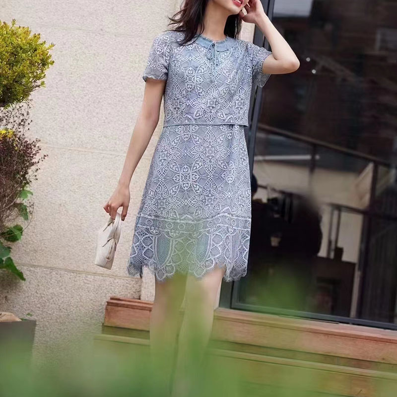 一偌维格RVGOS23夏季进口蕾丝中长裙子睫毛收腰显瘦女连衣裙23620