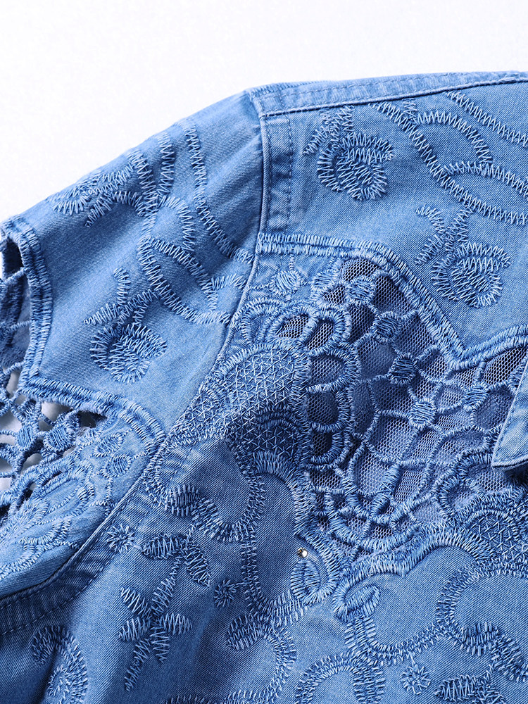 SCANDINAVIAN STYLE 2024 NEW COMFORTABLE FASHIONABLE CASUAL BLUE LACE CUT-OUT SHIRT TO ADD COLOR IN AUTUMN