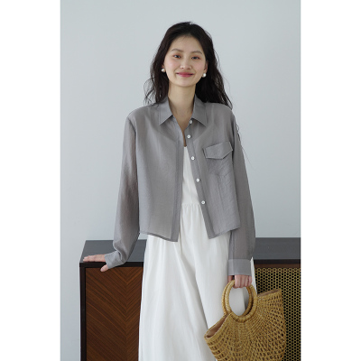 嘉茱莉莱赛尔天丝长袖防晒衬衫女2025夏季新款小个子短款薄款上衣