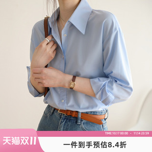 女设计感衬衣女小个子叠穿长袖 天蓝色职业衬衫 上衣 新款 嘉茱莉春季