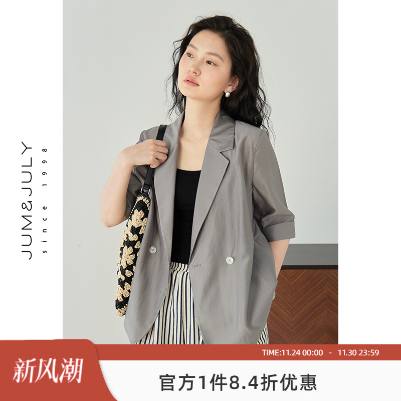 嘉茱莉夏季薄款天丝西装外套女2025新款五分袖西服上衣凉感短外套