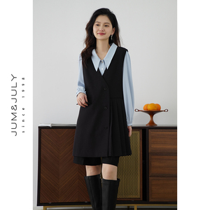 嘉茱莉2024新款时髦两穿西服马甲裙女中长款A字连衣裙百褶西装裙