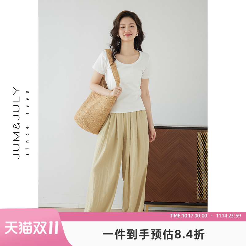 短袖法式设计感纯色大U领T恤