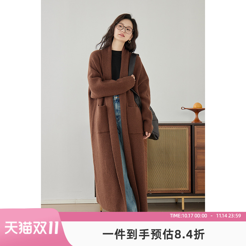 嘉茱莉2025春季新款长款针织开衫外套女宽松针织上衣V领毛衣毛衫