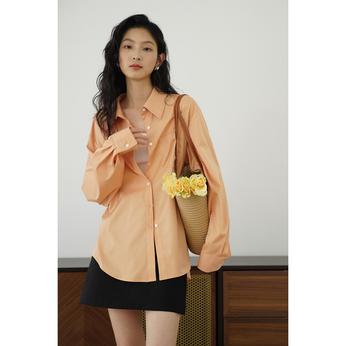 嘉茱莉2026春季新款衬衫外套女中长款简约衬衫上衣宽松慵懒风衬衫