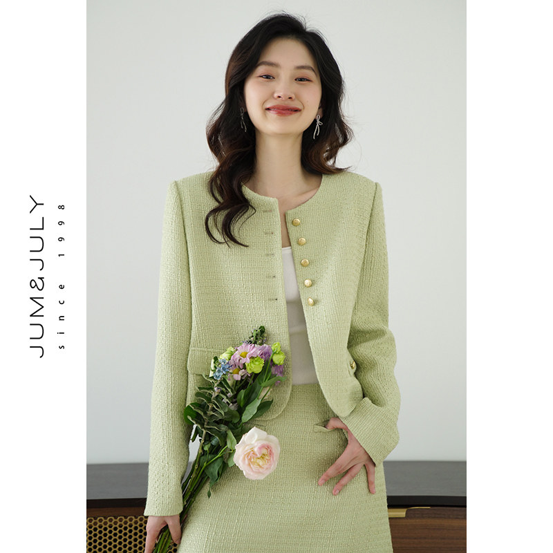 嘉茱莉2025春季新款羊毛小香风外套女半裙套装圆领短款上衣短外套,女装/女士精品,短外套,淘宝优惠券,粉丝福利购,淘宝优惠卷