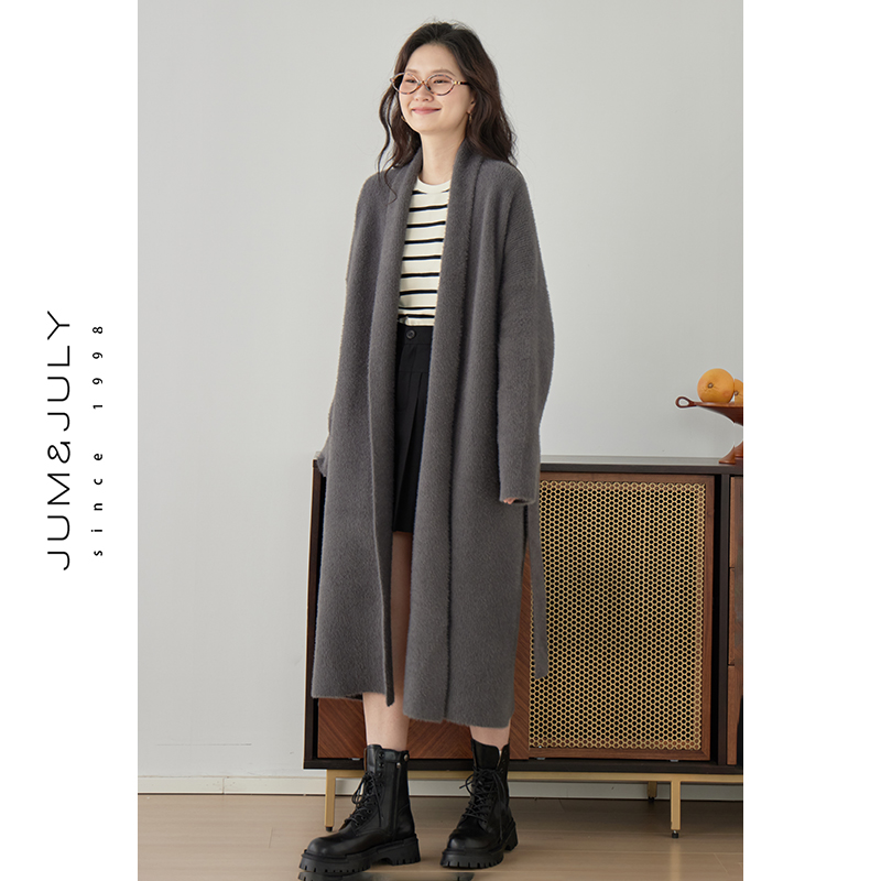 嘉茱莉2025春季新款长款针织开衫外套女宽松针织上衣V领毛衣毛衫