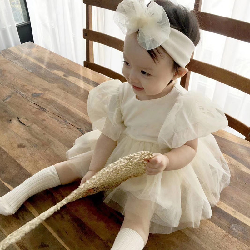 5折：韩国进口夏薄女童时尚连衣裙 小童泡泡袖花边领纱裙+头箍