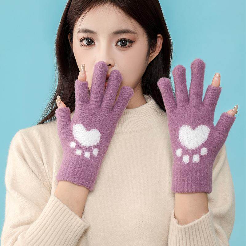 冬季加厚毛绒触屏露二指手套韩版
