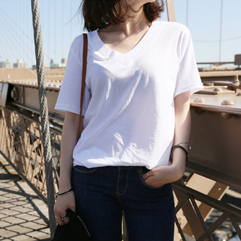 工厂直销纯色白色纯棉短袖T恤女圆领宽松打底衫韩版V领透气|ruв категории Женская одежда, футболка - от Buy2taobao.com для оказания профессиональной услуги покупки агента Taobao