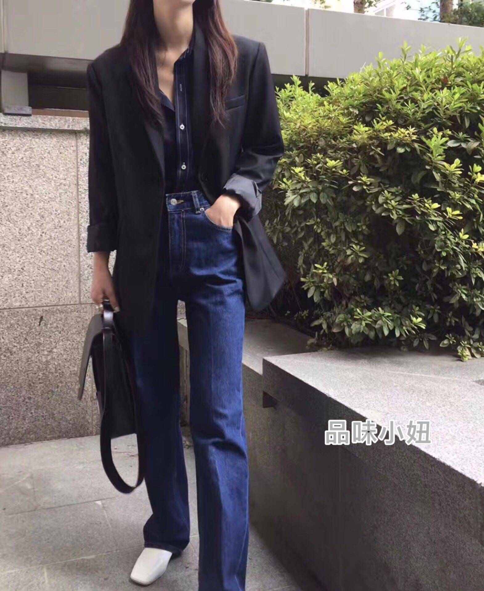 直邮21秋冬女装韩国东大门 we are束腰式深蓝色直筒牛仔裤