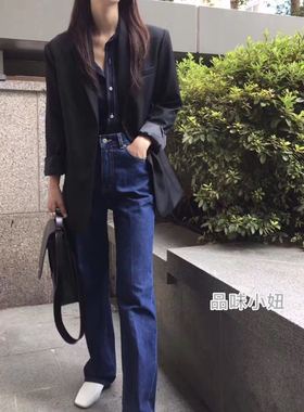 直邮21秋冬女装韩国东大门 we are束腰式深蓝色直筒牛仔裤