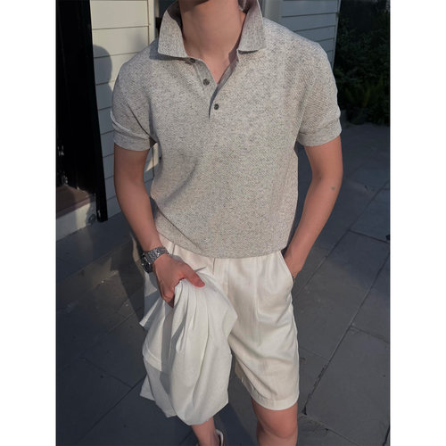 AlderMere夏季简约纯色天丝莱赛尔亚麻免烫POLO领休闲针织短袖男