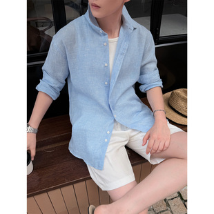 Alder Mere 纯麻系列 男夏防晒新贵度假慵懒感细格纹长袖衬衫