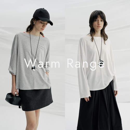 Warm Range 一字肩天丝长袖罩衫女日常垂感宽松漏肩两穿T恤不易皱