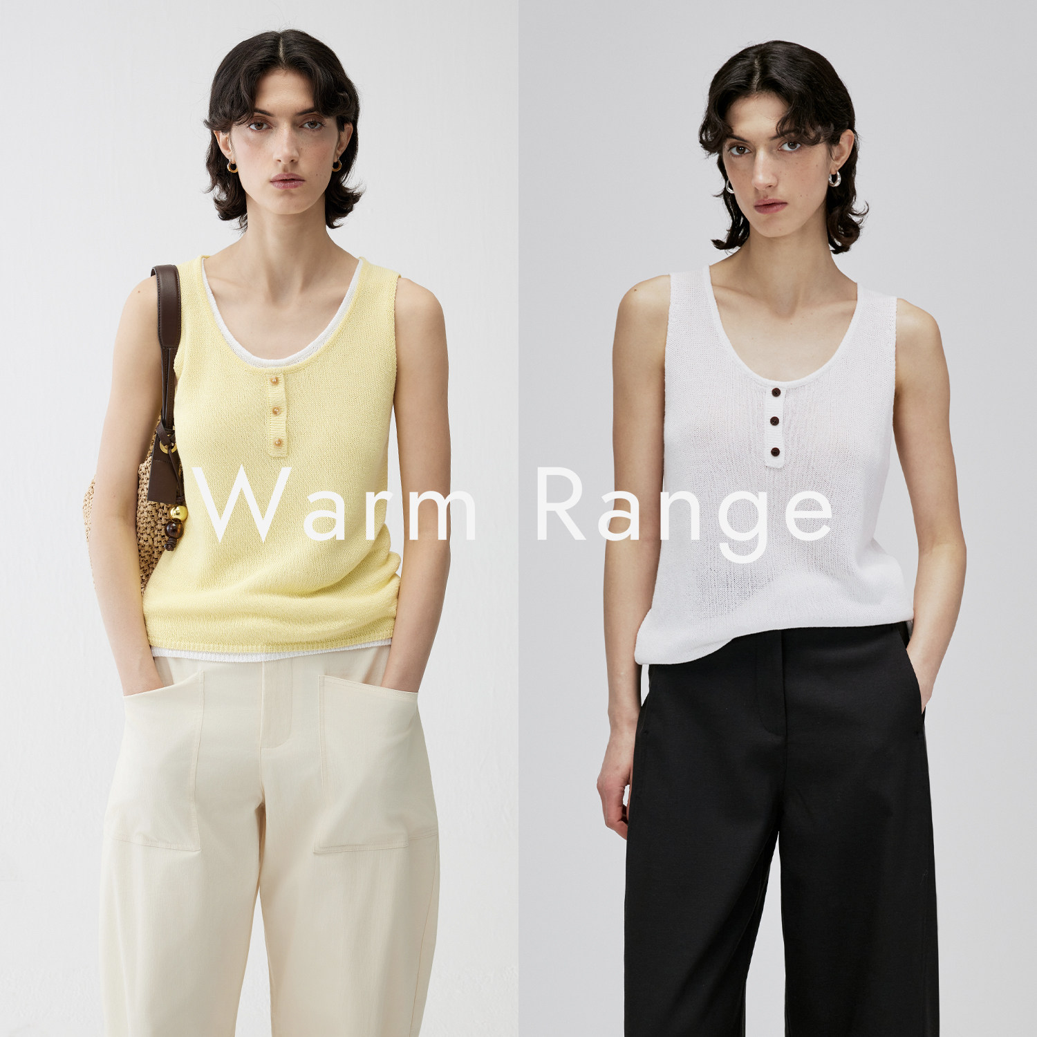 Warm Range 简约百搭U领纽扣针织衫背心女士夏季薄款白色无袖上衣
