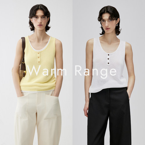 Warm Range 简约百搭U领纽扣针织衫背心女士夏季薄款白色无袖上衣