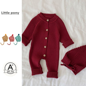 新生婴儿2026秋冬新款 针织爬服男女宝宝韩版 纯色百搭毛衣新年哈衣