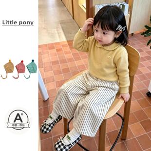 儿童秋季新款裤子女宝宝韩版可爱条纹阔腿裤宽松直筒裤针织衫套装