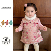 女宝宝冬款 新中式 国风连衣裙女童加厚保暖背心裙子周岁夹棉旗袍裙