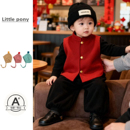 拜年服 套装 婴儿红色新年马甲三件套新中式 毛呢加厚马甲坎肩针织衫