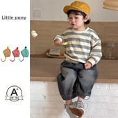 新款 长袖 上衣男宝宝韩版 男童春季 条纹卫衣宽松牛仔裤 两件套外出服