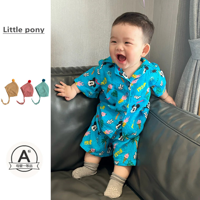 婴儿衣服夏季薄款男童翻领开衫短裤套装女宝宝可爱卡通海边沙滩服