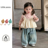 新款 套装 女宝宝韩版 女童26春季 可爱碎花吊带上衣阔腿牛仔裤 两件套