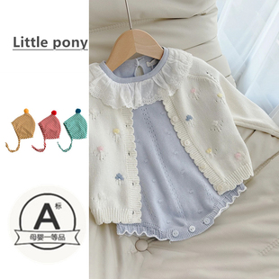小月龄女宝宝超萌外出服荷叶领针织点点包屁衣 婴幼儿春秋针织开衫