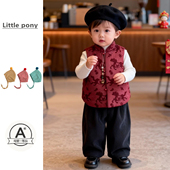 婴儿衣服秋冬新款 男童红色国风新年周岁服套装 新中式 提花马甲套装