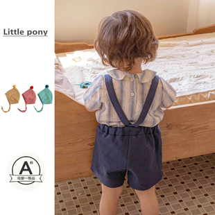 婴儿衣服夏季薄款套装男宝宝百天周岁礼服短袖衬衫背带短裤套装