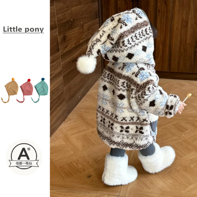 女宝宝冬季新款上衣儿童韩版费尔岛风毛绒连帽外套保暖加厚毛毛衣