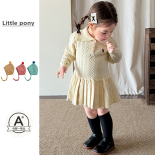 婴儿春季 可爱连衣裙宝宝韩版 学院风麻花针织裙长袖 翻领公主裙 新款