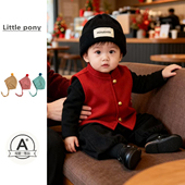 马甲三件套男女童红色新中式 宝宝冬季 新款 毛呢马甲坎肩新年拜年服