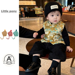 婴儿衣服新中式马甲背心马甲男童秋冬新款加厚提花坎肩新年周岁服