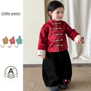 儿童中国风唐装两件套冬季新款夹棉加厚新中式上衣红色喜庆拜年服