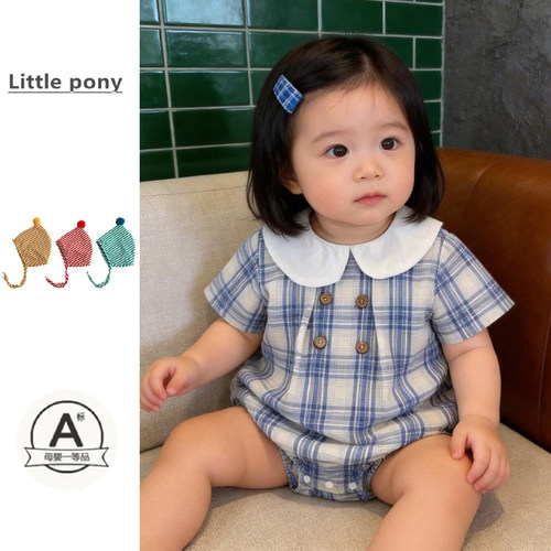 婴幼儿春夏新款短袖包屁衣女宝宝可爱格子娃娃领哈衣韩版洋气爬服