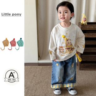 儿童春夏新款上衣男童可爱卡通印花长袖打底衫百搭T恤牛仔裤套装