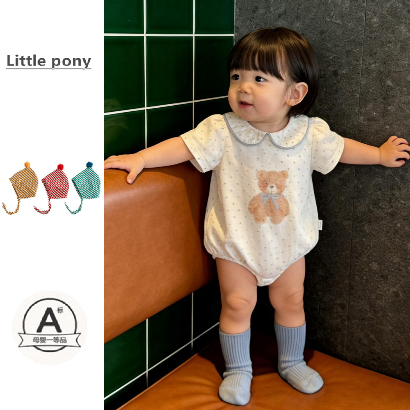 女宝宝夏季新款短袖包屁衣婴幼儿可爱小熊娃娃领连身哈衣波点爬服