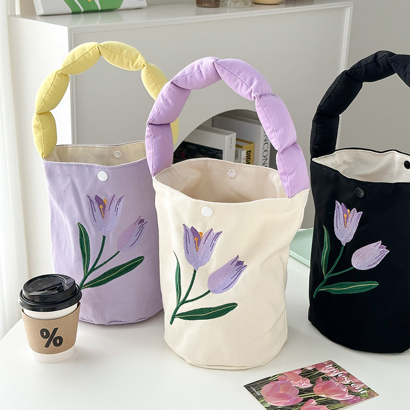 紫色刺绣郁金花 手拎水桶包女帆布 韩版手提包大容量手拎包