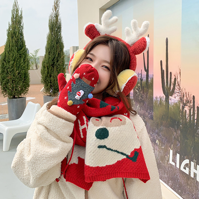크리스마스 선물 진저 브레드 맨 베어 크리스마스 트리 여성용 모직 장갑 귀여운 한국어 버전 겨울 따뜻한 플러스 벨벳 학생용