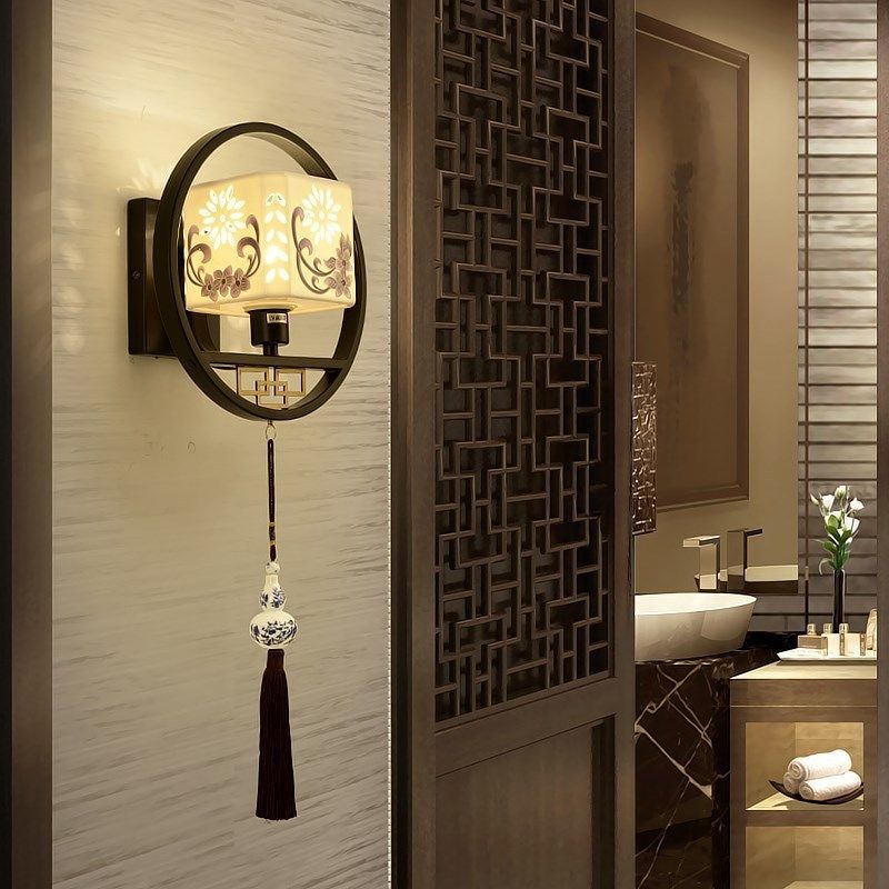 新中式壁灯现代陶瓷酒店中式仿古卧室床头灯复古客厅铁艺过道灯饰