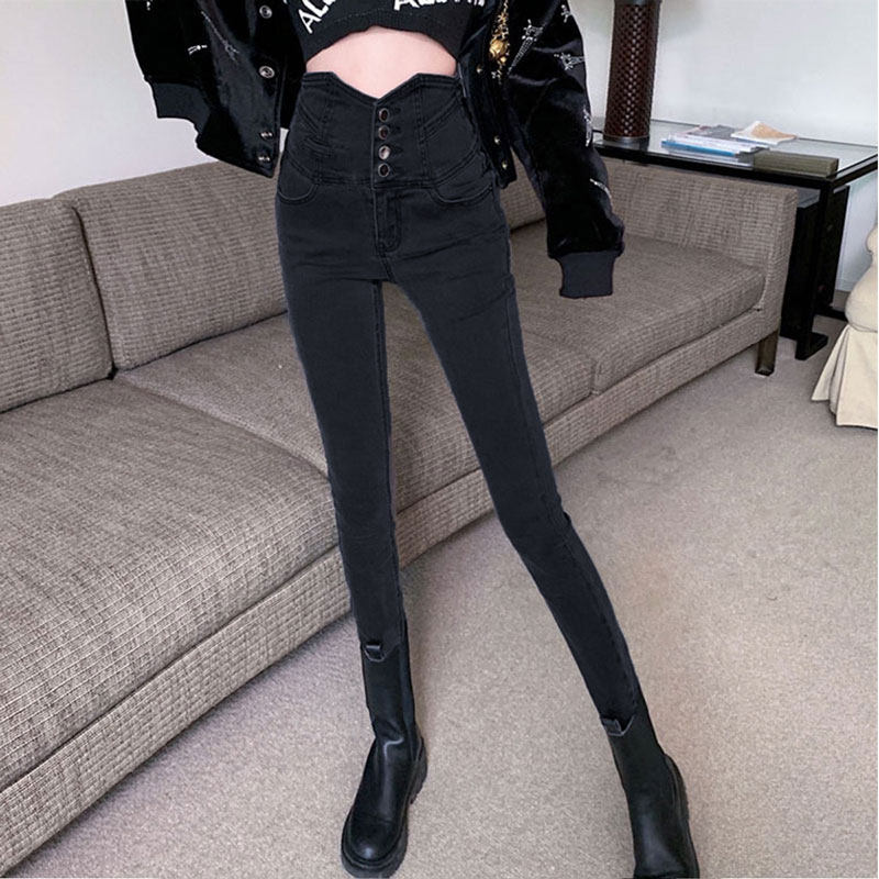 辰纯黑色超高腰牛仔裤女春秋新款显瘦显高加绒加厚弹力紧身小脚裤