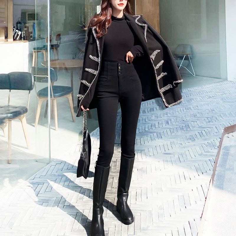 辰纯黑色加厚加绒牛仔裤女小脚春秋新款显瘦弹力高腰排扣紧身裤女