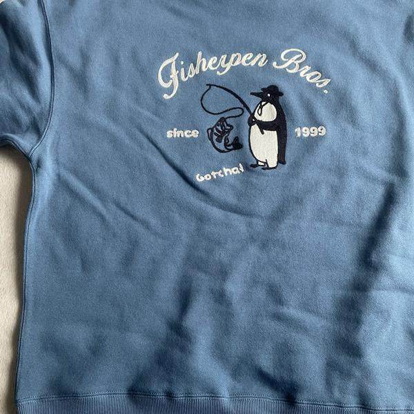 企鹅刺绣毛圈卫衣暗蓝色复古棉混