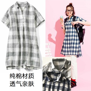宽松a版 女士衬衫 格子纯棉2020年新款 短袖 外贸出口日单长上衣 夏季