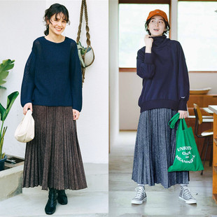 半身裙女秋冬新款 外贸日单A字裙 仿针织印花高护腰百褶显瘦有大码