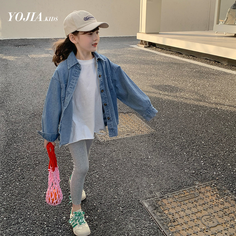 yojia女童牛仔衬衫春秋2025新款韩版中长款衬衣儿童秋装薄款外套
