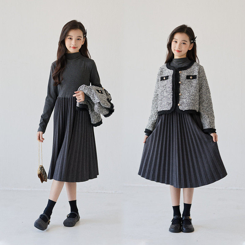 女大童洋气小香风2件套外套连衣裙秋款高领压折中长裙套装,女装/女士精品,时尚套装,淘宝优惠券,粉丝福利购,淘宝优惠卷