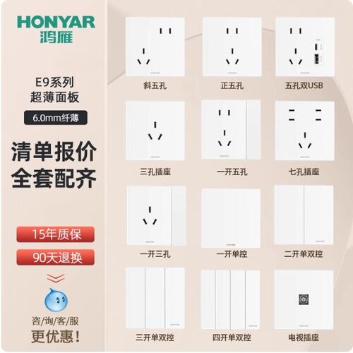 正品鸿雁E9超薄哑光肤感五孔插座
